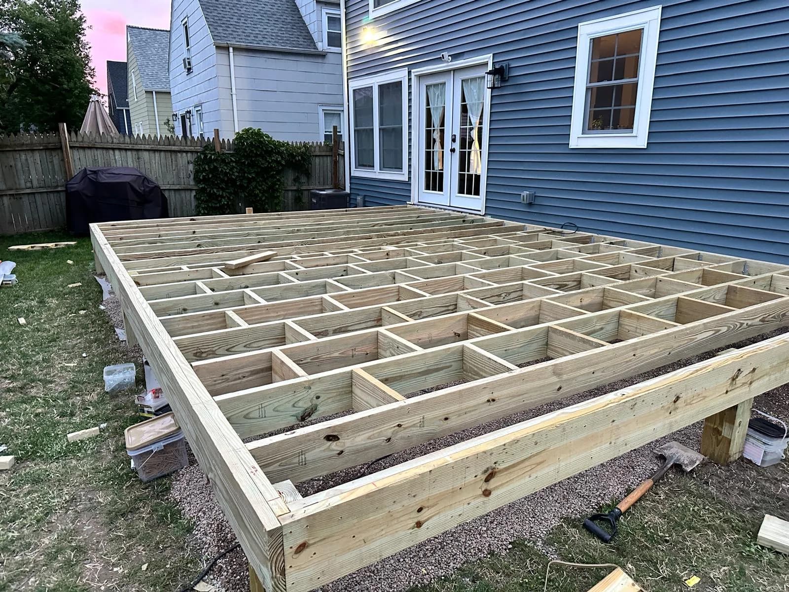 Multi-level deck framing in progress — Buffalo NY