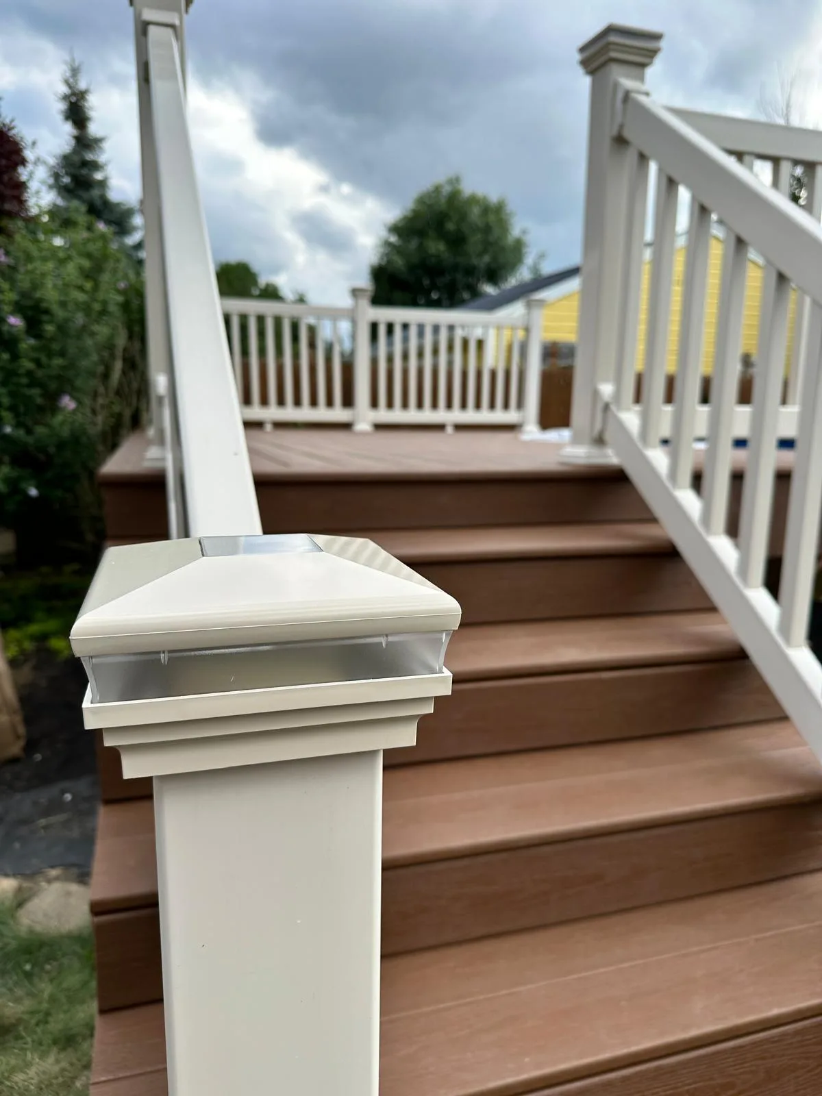 Composite deck railing post cap close-up — Buffalo NY