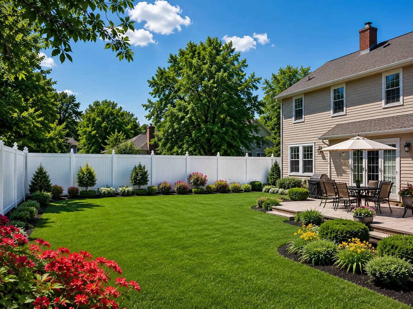 Completed white vinyl fence project in Orchard Park NY
