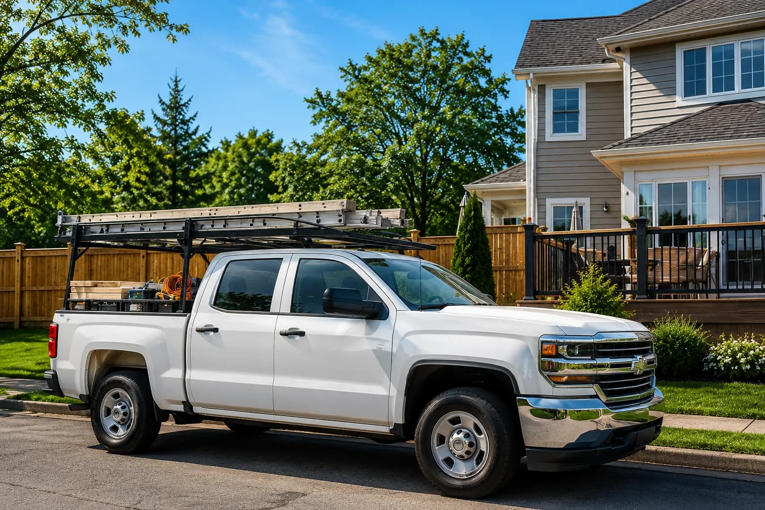 Buffalo Fence & Deck crew truck in front of a completed project